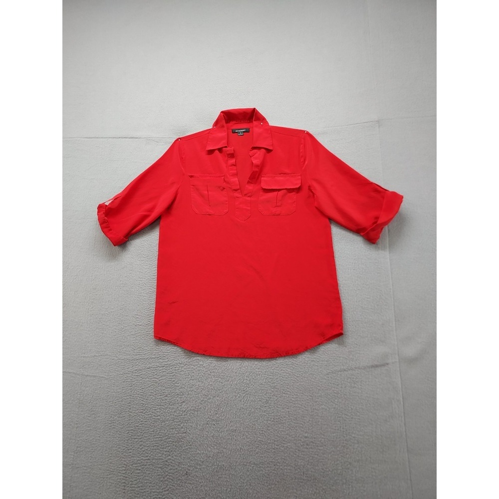Acrobat Women Shirt S Red 100% Silk 3/4 Sleeve Collared Chest Pockets Officewear